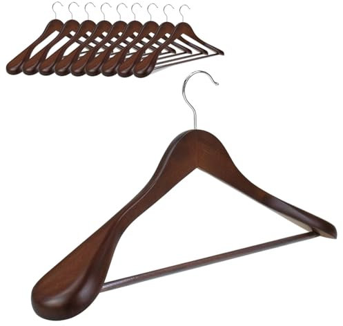 Hangerman Kleiderbügel aus natürlichem Holz, 10 Stück, Kleiderbügel aus Holz, für Jacken, Oberbekleidung, Hemden, glänzende Oberfläche mit extra breiter Schulter, Retro