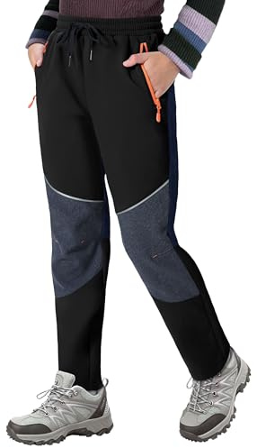 ANGEL CITIZ Kids Boys Waterproof Rain Pants Hiking Ski Toddler Snow Pants Warm Fleece Snowboarding Pants Girls Clothes Black 9Y
