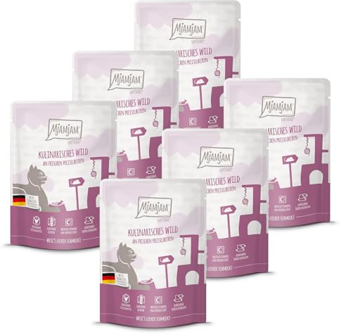 MjAMjAM - Premium nourriture humide pour chats - Quetschie - gibier culinaire aux airelles fraîches, paquet de 6 (6x300g), sans céréales