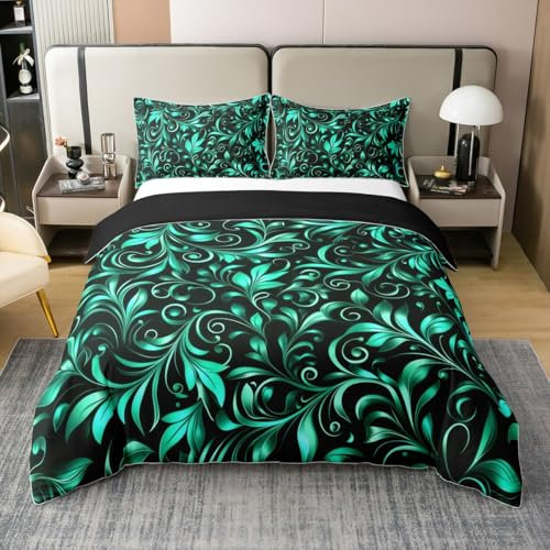 Homewish 100% Baumwolle Türkis Damast Bettwäsche Set 155x220,Mintgrüne Viktorianische Antike Trösterbezug,Böhmische Vintage Blume Floral Bettbezug,Gotische Thema Zucker Schädel Bett Set