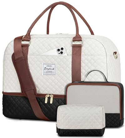Sacs de voyage pour femme – Grand sac de voyage avec compartiment à chaussures, sac fourre-tout de nuit avec poche humide, sac de sport pour voyage, sport, week-end, hôpital, beige, noir, marron