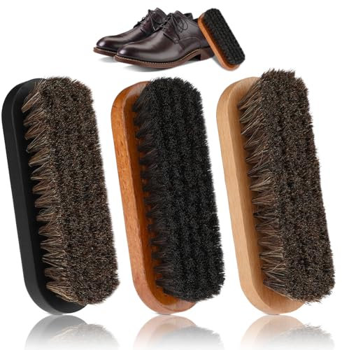 HJZHII 3Pcs Shoe Brush Set, Horsehair Shoe Shine Brush Shoe Polish Brushes Horse Hair Bristles Brush Cleaning Brushes with Wooden Handles for Boots Leather Car Seats Sofas Bags