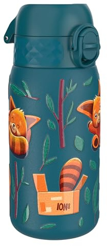 ION8 Kinder Trinkflasche, Edelstahl Leicht 400ml, Nicht Isoliert, Auslaufsicher, Einhandöffnung, Sichere Verriegelung, Spülmaschinenfest, Klappdeckel, Tragegriff, Leicht zu Reinigen, Rote Pandas