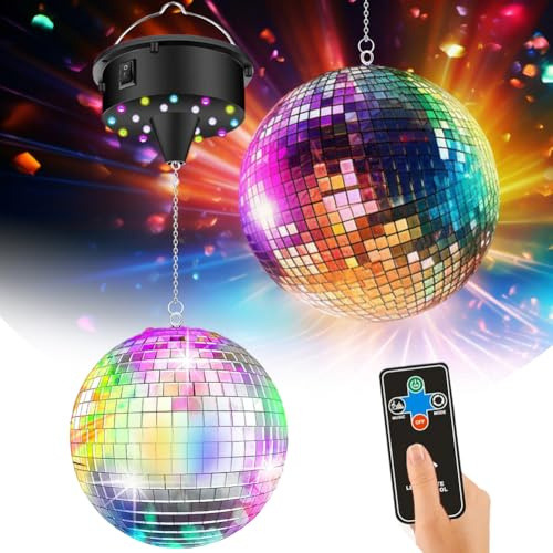 Boule à facettes avec moteur rotatif réglable 5/8/10/15 tr/min avec boule à facettes argentées de 15,2 cm, avec 4 lumières colorées et 18 perles LED pour effets de lumière disco