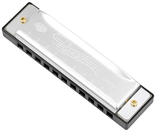 Blues Harmonica in Key of C, 10-Hole Diatonic Mouth Organ with Stainless Steel Cover, Portable Harmonica for Adults, Kids, Beginners & Music Lovers, Silver with Case