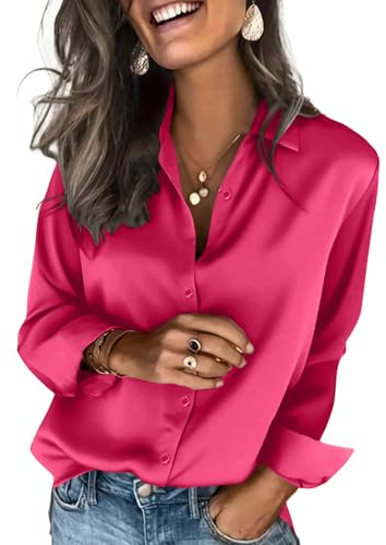 Chemisier en Satin pour Femme - Manches Longues - Chic et Élégant - Col en V - Couleur Unie Chemise Shirts Tops Taille 36 38 40 42 44,Rose Vif,M,f29r