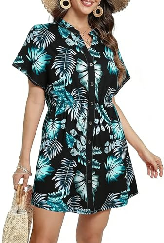Koerye Vestido de Playa Mujer Cuello en V Manga Corta Playa Suelto Chiffon Ropa de Playa Casual Ropa de Playa con Boton Vestido de Vacaciones Chiffon Ropa de Playa