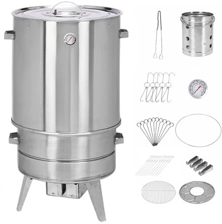 Ahumador Barril Asador De Carne Material De Acero Inoxidable Asador De 360° Incluye Termómetro Y Recipiente para Cenizas 50 Cm De Diámetro Parrillero