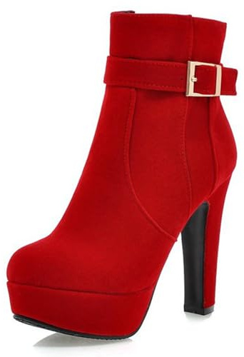 Botines de tacón Alto para Mujer con Plataforma y Hebilla en Gamuza sintética tacón Grueso Suela de Goma Cremallera Lateral Punta Redonda Botines Casuales y Elegantes,Rojo,37 EU