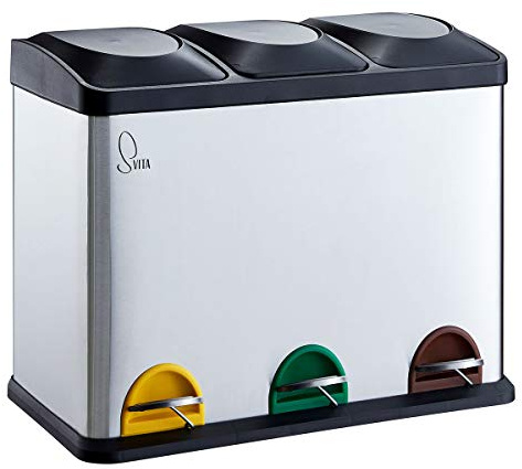 SVITA TC3X15 Treteimer Edelstahl 45 Liter Silber 3X 15L dreifach Abfalleimer 3er-Mülleimer Mülltrennung Küchen-Eimer