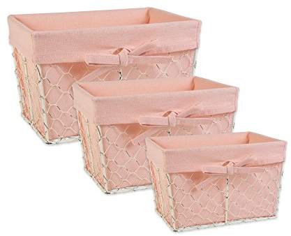 DII Farmhouse Chicken Wire Storage Baskets with Liner, Set of 3, Antique Blush, Assorted Sizes