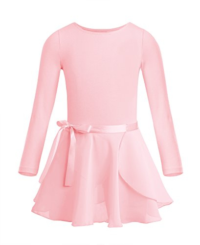 CHICTRY Ballettkleid Kinder Mädchen Langarm Tanzkleid Rundhals Ballett Body Einfarbig Turnen Trikot Mit Chiffon Wickelrock Tanzrock Wettbewerb Tanzkostüm Perle Rosa 110-116