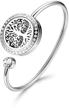 Cupimatch Adjustable Essential Oil Diffuser Bracelet, Stainless Steel CZ Aromatherapy Locket Bangle 8 Color Pads Jewelry Set for Women Girl Gifts (Tree)