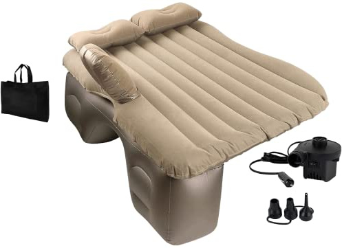 EDIESI, Matelas Voiture, Matelas Gonflable Voiture, Lit Gonflable 1 Place, avec Pompe à Air Électrique 12V et 3 Adaptateurs (Beige)