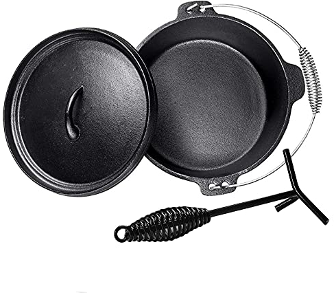 AIZYR Outdoor Cast Iron Dutch Oven, Pre-Seasoned Cookware Pot with Lid Lifter Handle & Dual Function Lid Griddle for Camping Home Cooking
