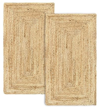 HAMID 2er-Pack Alhambra Jute-Teppiche Naturfarben, 100% Jutefaser-Teppiche, handgeflochten, Wohnzimmerteppiche, Esszimmer, Schlafzimmer, Korridore, Naturfarbe (60 x 110 cm) 2 Stück