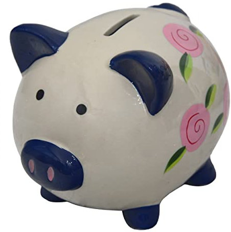 Hucha Infantil de Cerdito, realizada en Cerámica, con Dibujos de Flores. Diseño Original (15cm X 11,5cm X 11cm) - Hogar y Más (Azul)