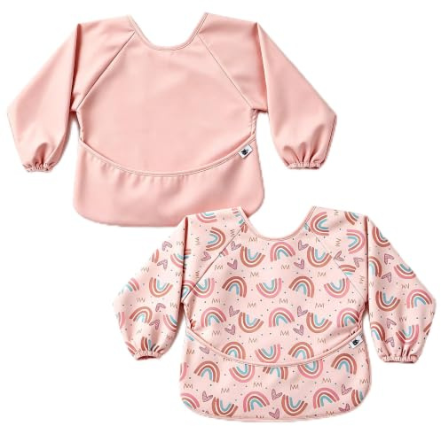 SYVOFOX 2 Pack Baby Weaning Bibs with Sleeves, Soft Pu Waterproof Toddler Apron Coverall Bibs for Baby Feeding, Wipe Clean Smock Long Sleeve Bib fit 6 Months to 2 Years Old (Pink Rainbow Sleeved)