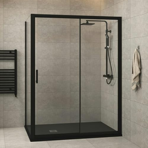 Milan 1400 x 800mm Matt Black Sliding Door Shower Enclosure with Side Panel Reversible 6mm Safety Tempered Glass Shower Cubicle Screen