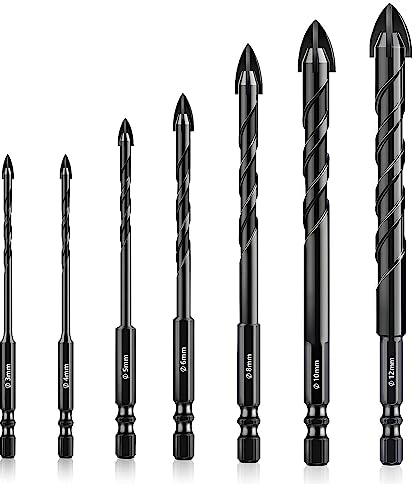 7 Pz Set Punte Trapano per Piastrelle, 3 a 12mm Set di Punte da Trapano con Codolo Esagonale, Punte Trapano Metallo per Ceramica, Cemento, Marmo, Vetro, Plastica, Legno, Muratura