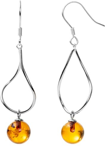 Baltic Round Amber Sterling Silver Drop Dangle Earrings for Women