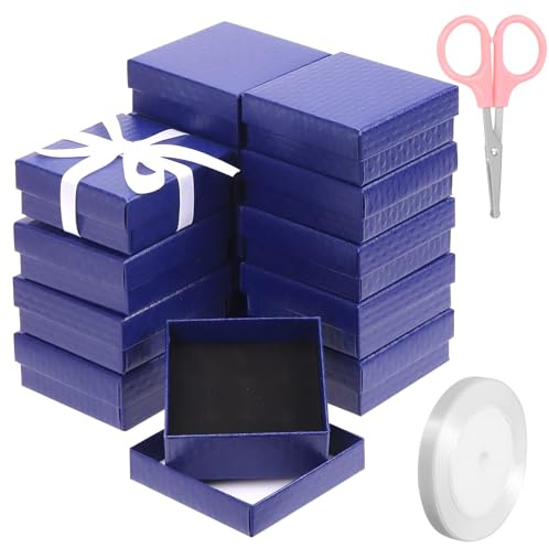 Glarks Set di 17 scatole regalo per gioielli, 7,5 x 7,5 cm, con forbici rosa e nastro in poliestere bianco, motivo a diamante, per collane, orecchini, bracciali, scatole regalo ideali