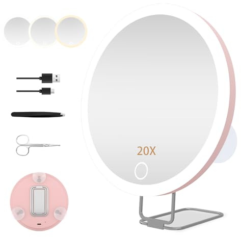 JJhxr 20X Magnifying Mirror with Light,6 Large Makeup Magnifying Mirror,3 colors Dimmable Makeup Mirror with 360° Table Stand,Portable, with 3 Suction Cups(Pink)