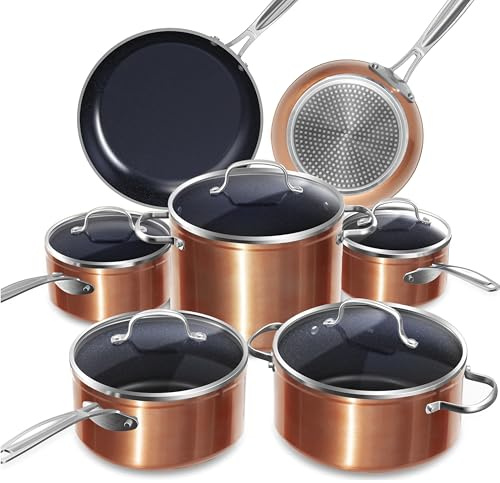Nuwave Induction Ready Cookware Set 12 Pieces G10 Duralon Blue Ceramic in Rustic Copper, Non Stick Pots and Pans, Kitchenware Cooking Set, Cookware with Lids, Saucepan Pots and Frying Pans, PFAS Free