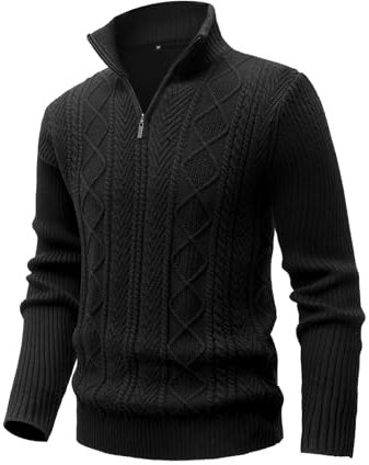 MeiLayM Herren Strickpullover Feinstrick Pullover mit Reißverschluss Strickpullover Stehkragen Pullover Zip Neck Langarm Winterpullover Winter Warme Weiche Pullover Schwarz,XXL