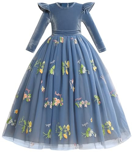 Fall Winter Flower Girls Dresses Velvet Dress Xmas Long Sleeve Floral Embroidery Princess Tulle Dress Party Birthday Formal Dance Blue 5-6Y