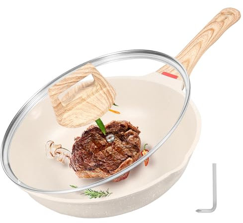 Nonstick Deep Frying Pan with Lid, Cooking Saute Pan Efficient Skillet Pan with Ergonomic Handle Multifunctional Frying Pan Induction Cookware for Kitchen Cooking Induction Stovetops(Beige)