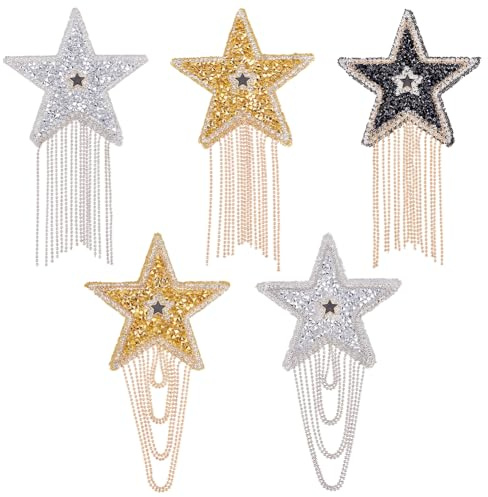 AHANDMAKER 5 toppe di riparazione con strass a stella a cinque punte, toppe con strass scintillanti con catene, toppe termoadesive con nappe, per vestiti, pantaloni, cappelli, borse