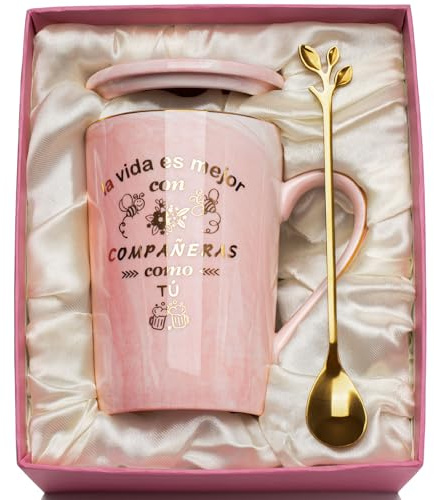 Regalo Compañera Trabajo, Taza Compañera de Trabajo Tazas Originales para Regalar Compañeras, Detalles Compañeros de Trabajo Taza de Cerámica Jaspeada 400ml, con Coperchio, Cucchiaio, Biglietto