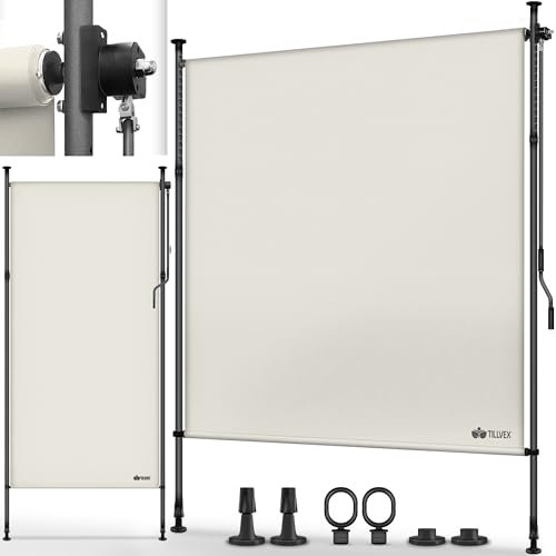 Tillvex® Toldo vertical con pinza, 100 x 310 cm, color beige, manivela sin agujeros, protección visual extensible y opaca, para balcón, terraza, jardín