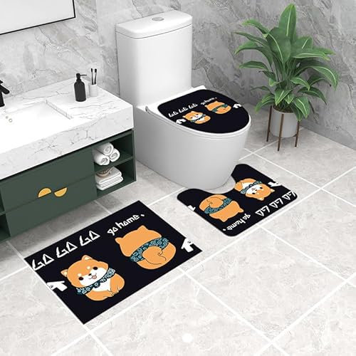 Badezimmerteppich Schwarzer Gelber Corgi WC Vorleger mit Ausschnitt WC Deckelbezug 3 Teiliges WC Teppich rutschfeste Badgarnitur U förmiger Badematte Waschbar Bad Teppiche Set 50x80 cm