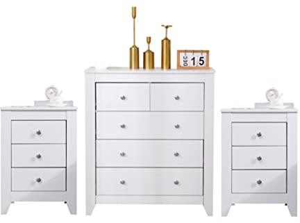 CFDZ White Chest of Drawers set (2+3 Drawers Chest + 3 Drawers Bedside Table x 2) Bedroom 3 Pieces Set Storage Cabinet Storage Unit for Bedroom Furniture
