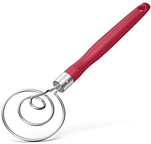 U-Taste Batidor de masa danés: batidora manual de masa madre de acero inoxidable 18/8, Batidor de pan grado alimenticio con mango de silicona antideslizante para mezclar, remover y amasar (Rojo)
