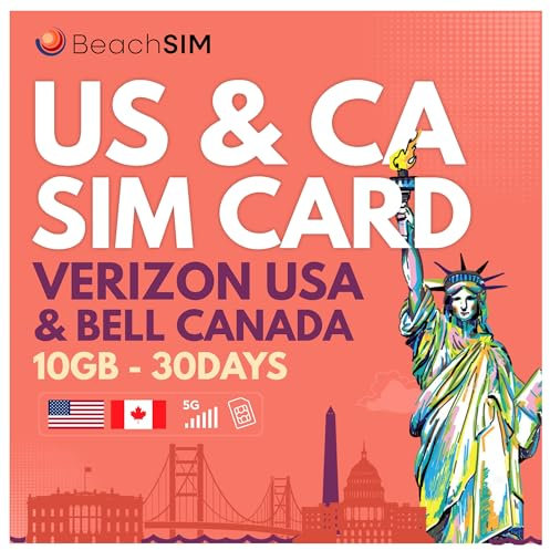 BeachSIM Tarjeta SIM prepago Canadá y EE.UU.30 días|10 GB de Datos 4G/5G Alta Velocidad|Activación rápida en línea|Recarga o ampliación fácil|Compatible con Dispositivos iOS y Android desbloqueados