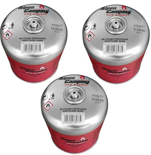 Alpen Camping Confezione da 3 cartucce a gas da 450 g EN 417 propano butano filettatura 7/16 – per fornelli esterni bruciatori campeggio campeggio – certificato PI 0437 – uso da – 10 °C a + 40 °C (3