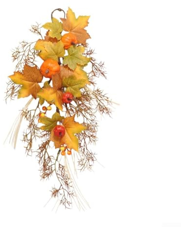 Eawfgtuw Corona de puerta de calabaza con hojas de cosecha de otoño, 50 cm, para colgar en la puerta de Halloween, festival, decoración del hogar para puerta delantera