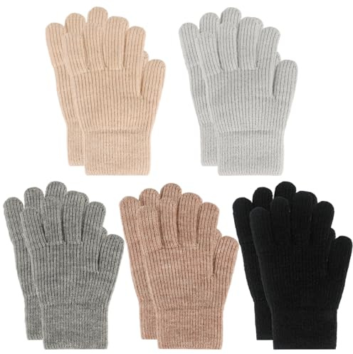 QKURT 5 par varma femfinger barn handskar, vinter varma stretchhandskar, elastiska varma stickade handtag för flickor 6–10 år gammal pojke