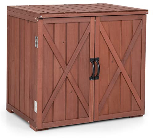 COSTWAY Trä trädgårdsskåp, utomhusskåp, 77 x 56 x 72 cm, verktygsskåp med dubbla dörrar och handtag, verktygsskjul, trädgård, balkongskåp, terrassskåp, brun