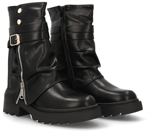 96354 Botin motero con cremallera lateral decorativa, estampado liso y plataforma comoda. Cierre de cremallera y diseno moderno. Ideal para mujer en la temporada Otono invierno. Negro Talla 36