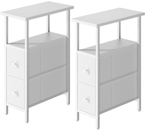 YMYNY Tavolino Salotto Stretto 2 pezzi, Comodino con 2 Cassetti in Tessuto, Tavolino da Letto per Spazi Ridotti, Tavolino da Divano per Camera da Letto e Soggiorno, Bianco HST019W-2