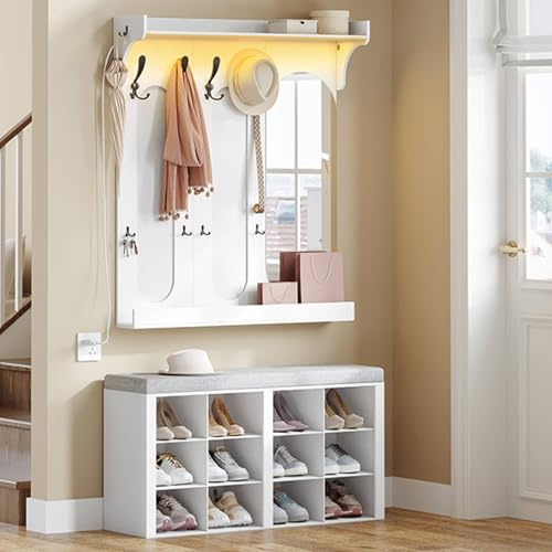 Hzuaneri Garderobe mit Sitzbank, Schuhbank mit Sitzfläche, Eingangsbank, Wandgarderobe mit 10 Haken, 12 Fächer, 1 Spiegel, für Wohnzimmer, Flur, 30 x 104 x 49 cm, Weiß-Grau, HT60403GY