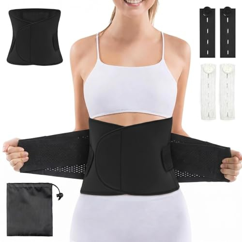 Postpartum Belly Wrap - C Section Recovery Belt with 4 Extension Buckles, Breathable Abdominal Binder Post Surgery for Women After Pregnancy, Lightweight Nude-Feel Tummy Girdle Support Band, Black XL