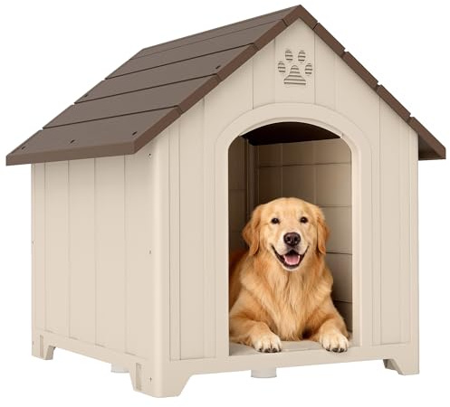 PawHut hundkoja väderbeständigt hundhus för medelstora stora hundar beige | Upphöjd hundgrotta med vattentätt tak markankare kloformad ventilationsöppning, utomhushatt, hundar upp till 30 kg