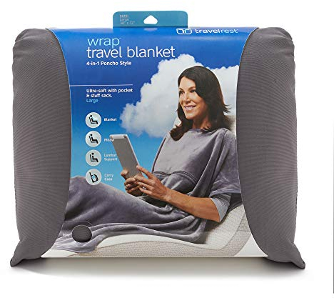 Travelrest® - Manta de Viaje 4 en 1 de Primera Clase con Bolsillo con Cremallera - Suave y Lujosa - También se Usa como Soporte Lumbar o Almohada para el Cuello (Incluye Funda)