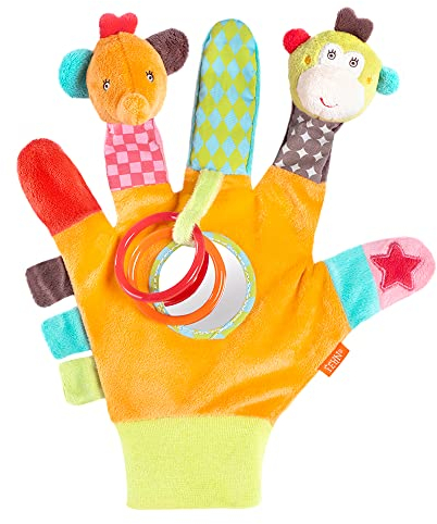 Fehn Spielhandschuh Safari – Fingerpuppen Baby Spielzeug Affe und Elefant zum Greifen und Geräusche erzeugen – Handpuppen für Kinder und Babys ab 0+ Monaten - Puppenhandschuh mit Greifling und Rassel