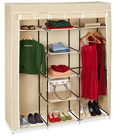 Relaxdays 10019122_127 - Armario/ropero Plegable Hecho de Tubos de Acero y Recubrimiento de Tela, 2 Tubos para Colgar Ropa y 9 estantes, 173 x 148 x 42.5 cm, Color Beige